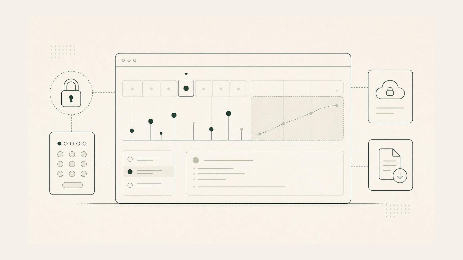 Abstract workflow poster for a private tracking web app.