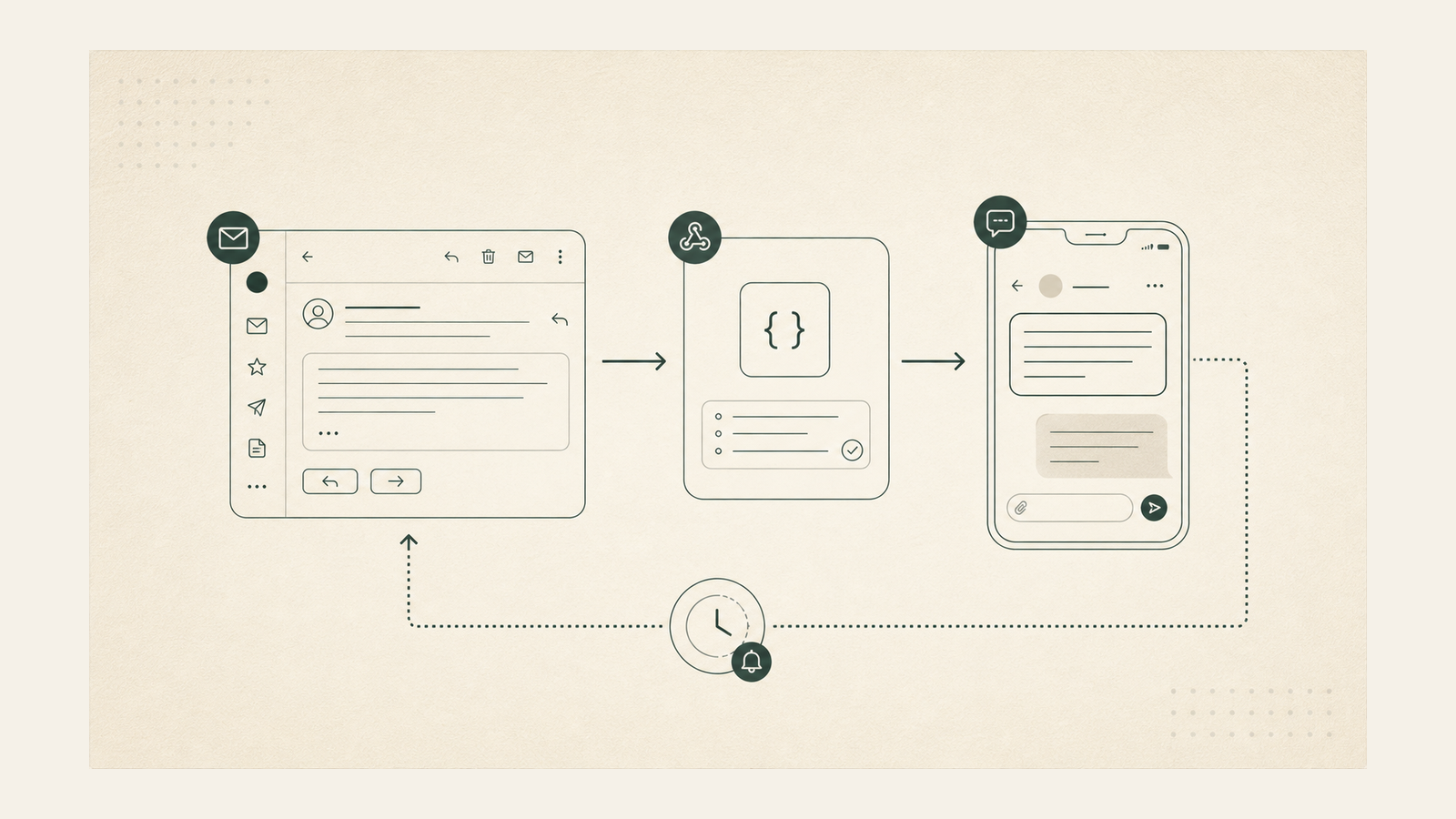 Abstract workflow poster for an email-to-Telegram reply automation.
