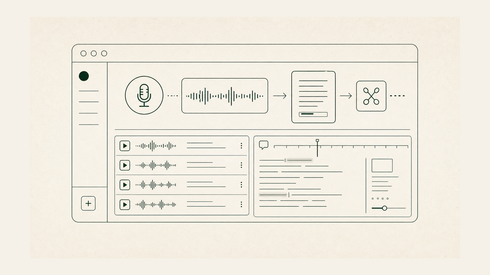 Abstract workflow poster for a podcast production automation system.