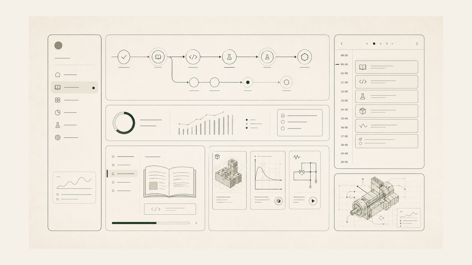 Abstract workflow poster for a private engineering learning system.