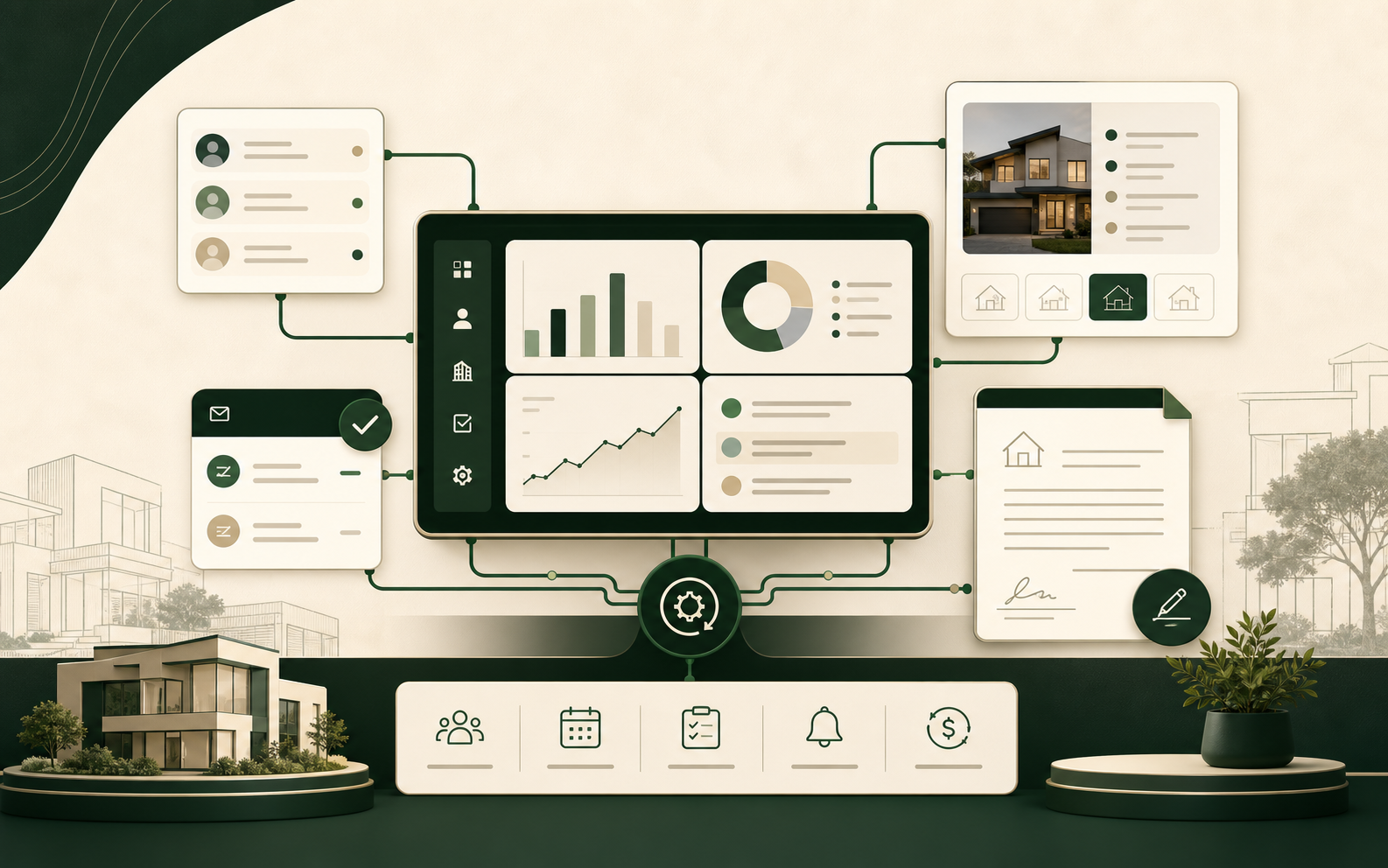 Command center showing CRM, inbox, contract, and owner dashboard workflow.