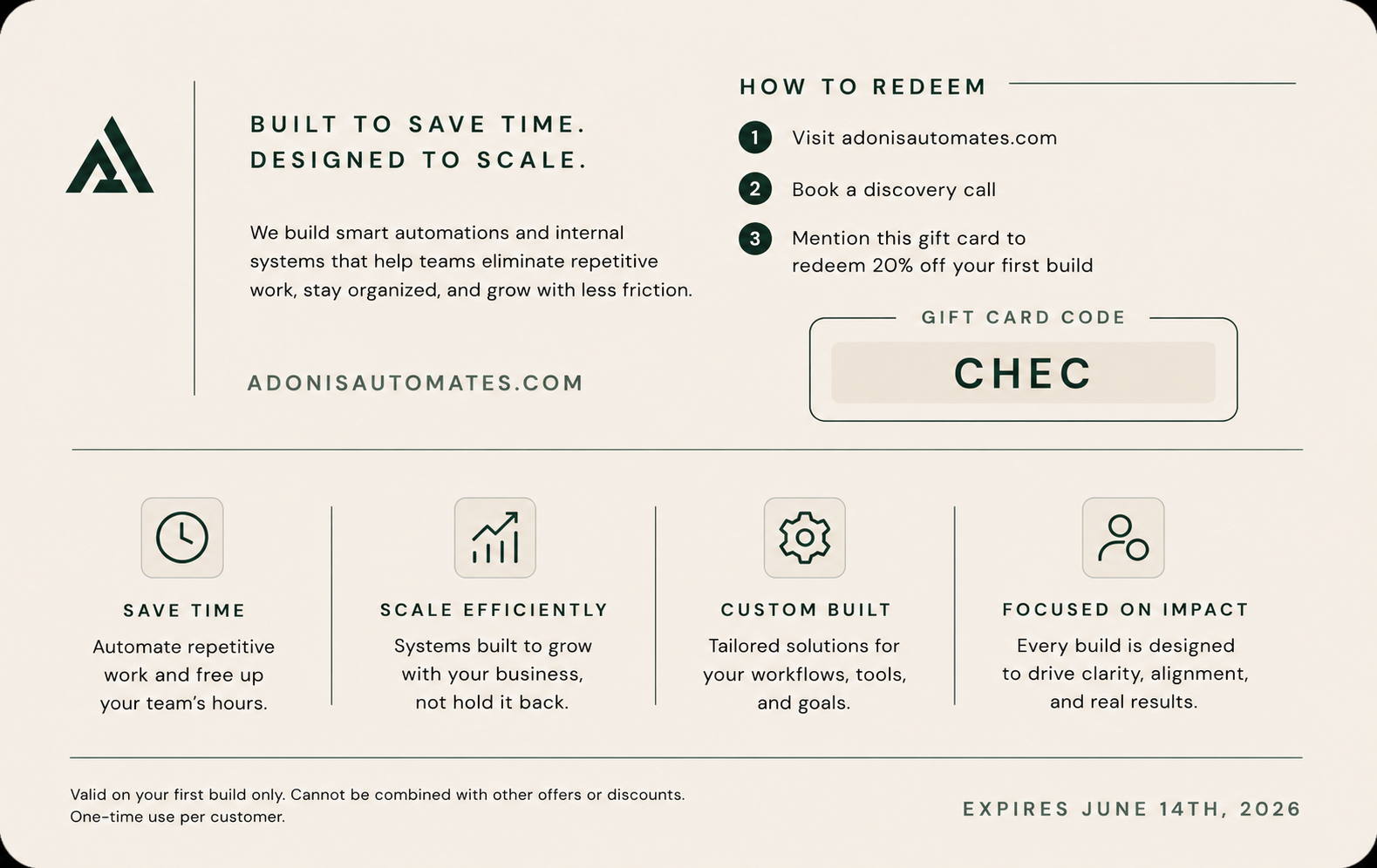 Back of the Adonis Automates CHEC gift card with redemption instructions.