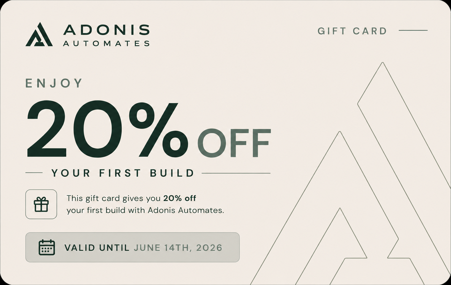 Front of the Adonis Automates CHEC gift card.